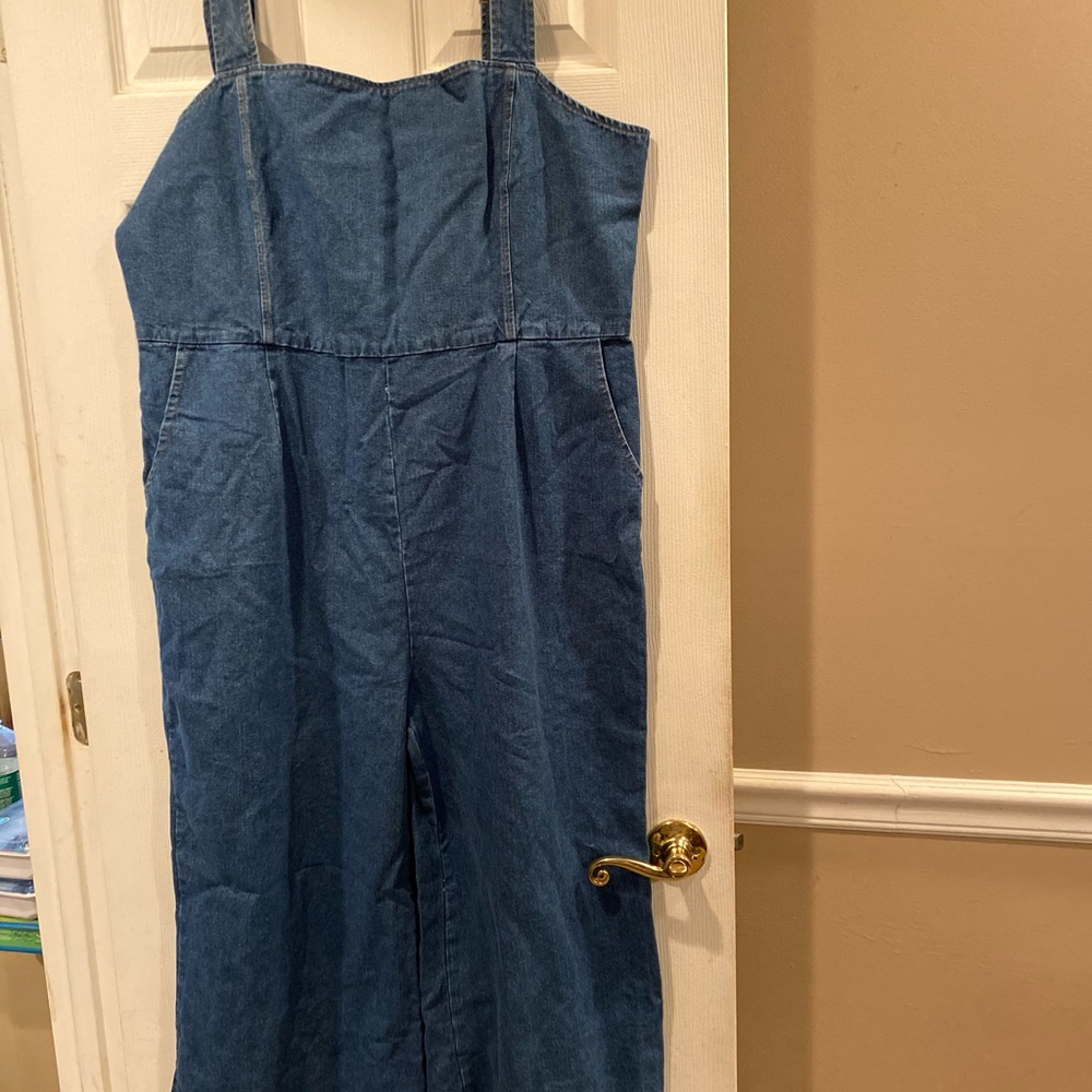 Denim crop wide leg overalls.
